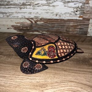 Turtle trinket box handcrafted in Indonesia orange w black floral